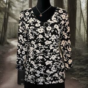 Y2K Black & White Floral Top Sz XL Bead Trim Ruched Whimsigoth Fairygrunge